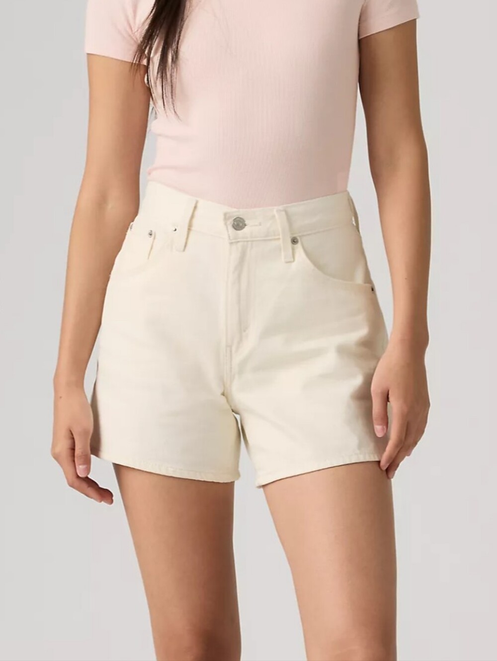 Levi Size 32: Cinch Mid Thigh High-Rise Adjustable Waist Cream Denim Shorts